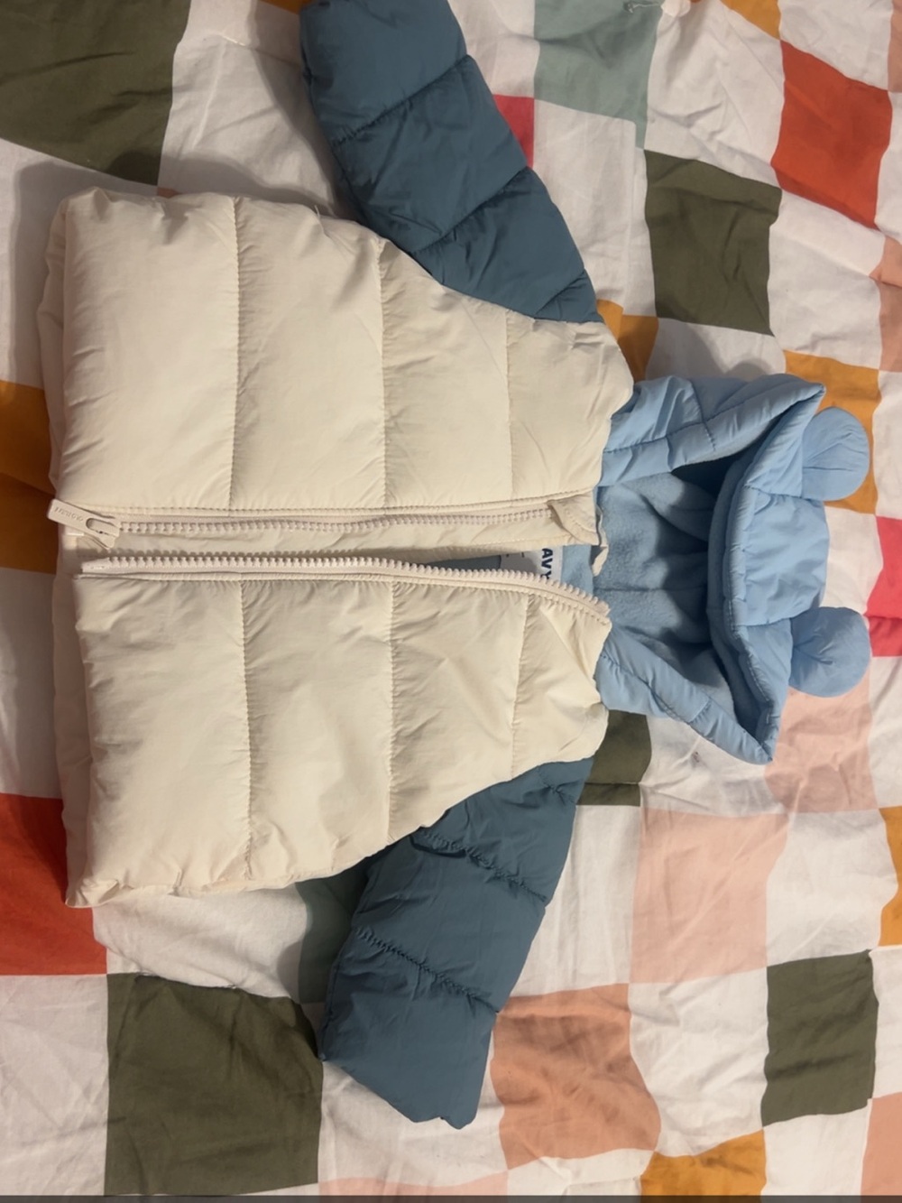 Old Navy Cream and Blue Kids Hooded Puffer Jacket with Ear Detail